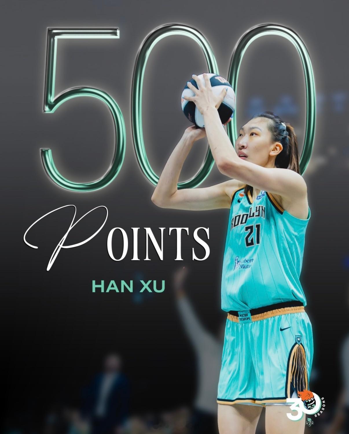 今天纽约自由人客场94比92险胜菲尼克斯水星的比赛里，韩旭表现神勇，9投6中拿下