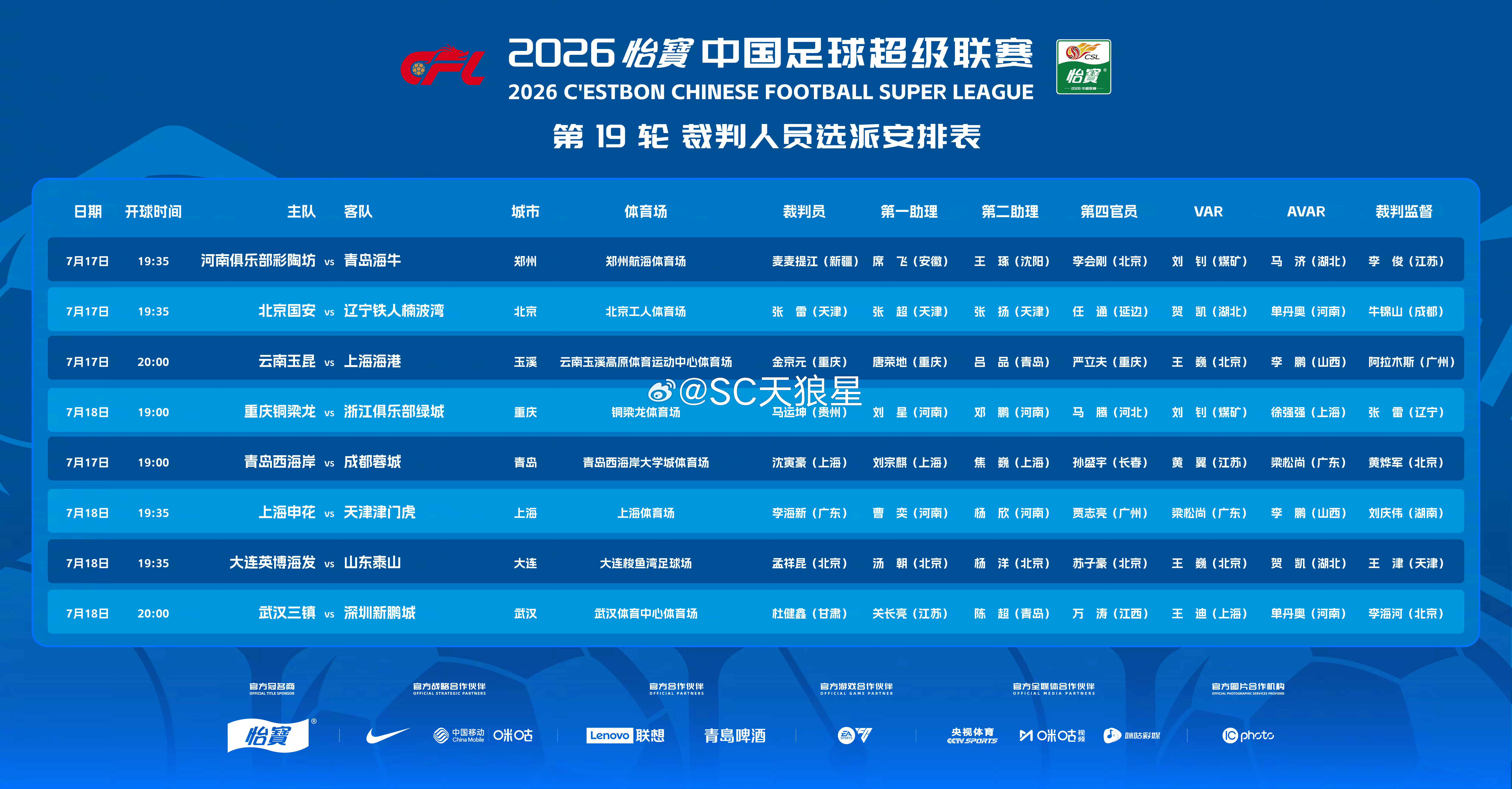 2026中超联赛第19轮【上海申花VS天津津门虎】裁判信息主裁判：李海新，第一助