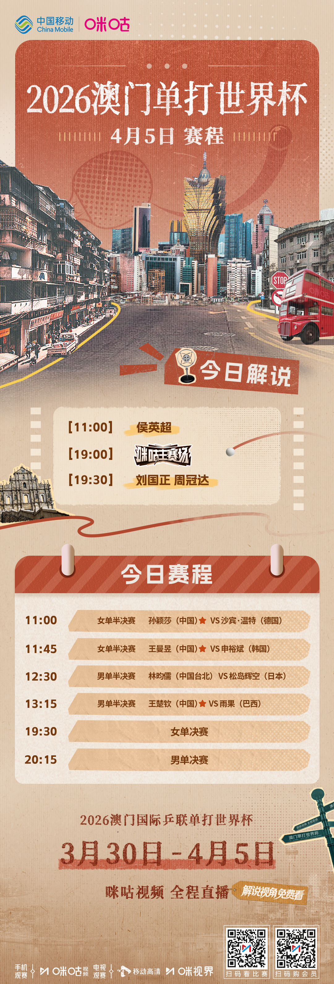 #2026澳门乒乓球世界杯# 📝 正赛第7️⃣日赛程🔥 半决赛、决赛接力开打