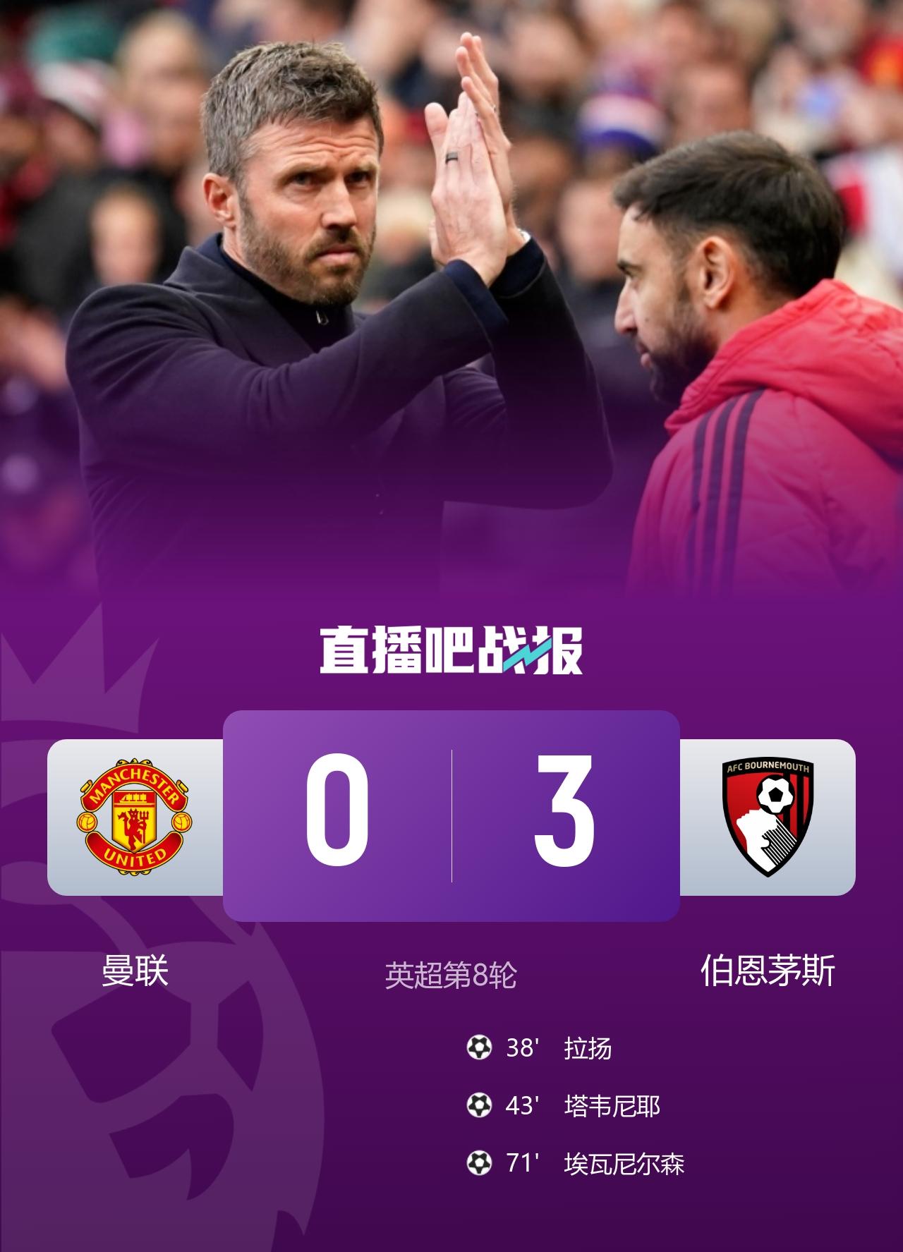 英超 曼联主场0-3伯恩茅斯 海文失误致丢球，约罗送礼 B费替补未登场
10月2