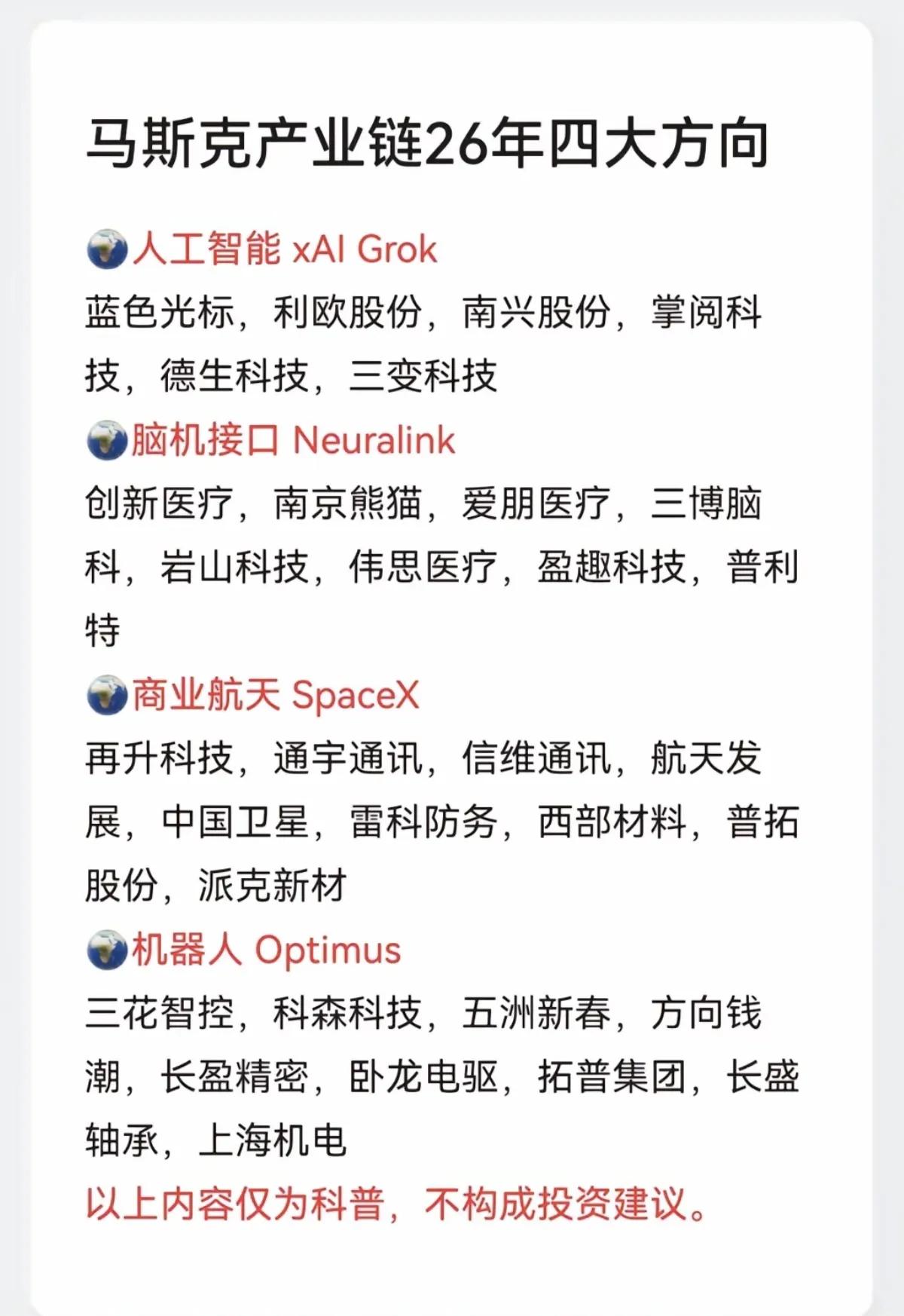 1月7日，周三A股这些板块有望大涨！！！

马斯克产业链26年四大方向，人工智能
