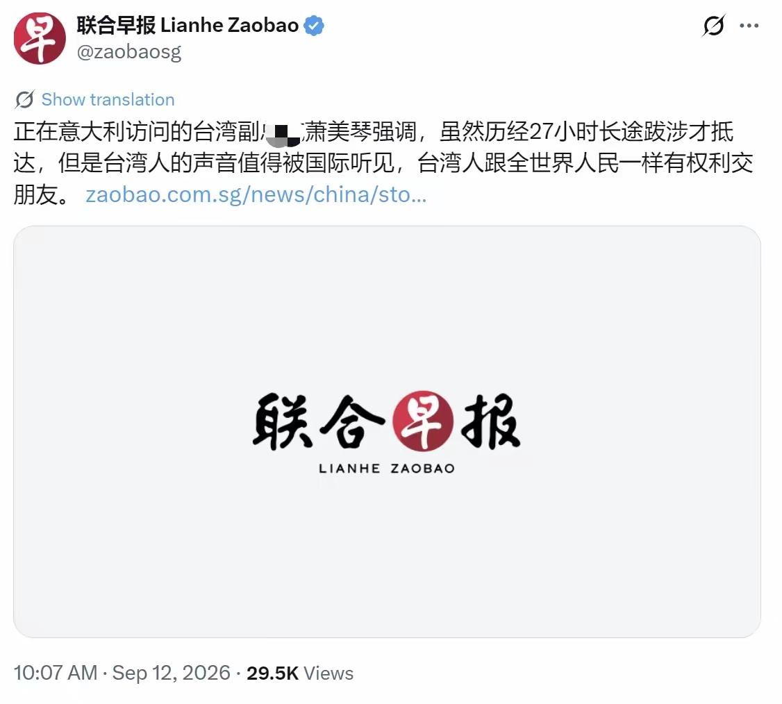 正在意大利访问的台湾副地区领导人萧美琴强调，虽然历经27小时长途跋涉才抵达，但是