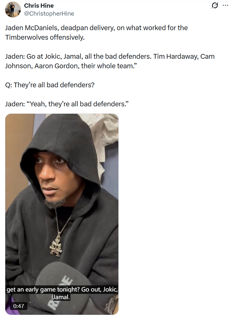 麦丹赛后的这个发言直接骑脸输出了，这也说明他已经决心要和掘金死磕到底，铁了心想赢