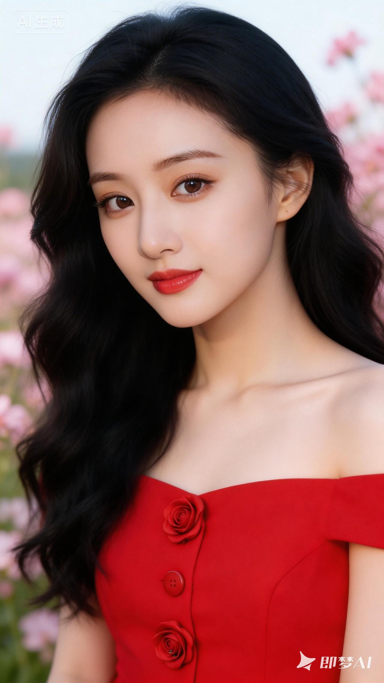 红衣美人倚花丛，笑语盈盈暗香浓。