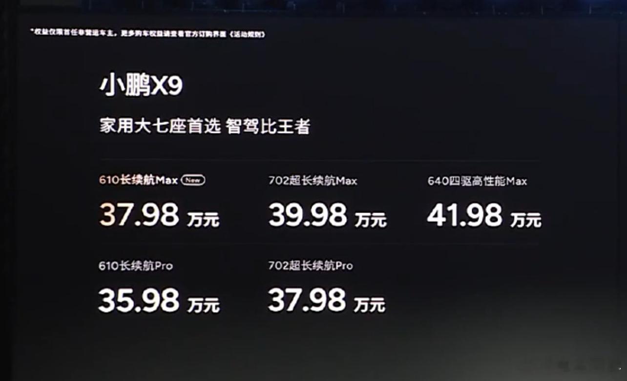 参考 G9 的最新 SKU 可以预见的是，X9 也还藏着一款「640 四驱高性能