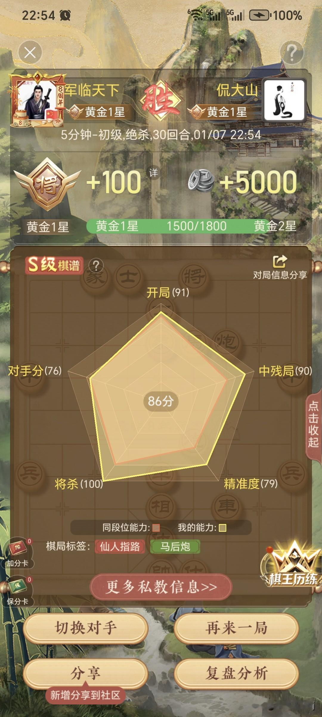 在天天象棋排位赛快棋走出“S”级棋谱不容易啊！
天天象棋现在推出了“排位赛”，我