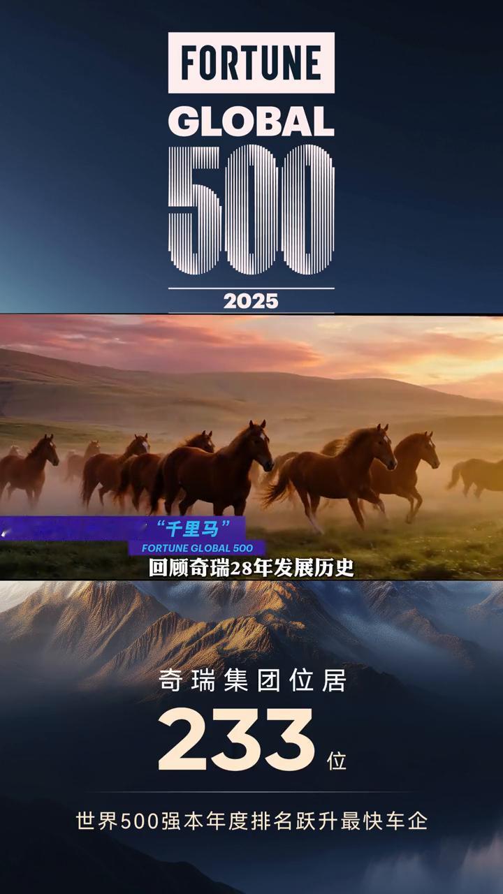 奇瑞集团位居233，世界500强本年度排名跃升最快车企。
2025年《财富》世界