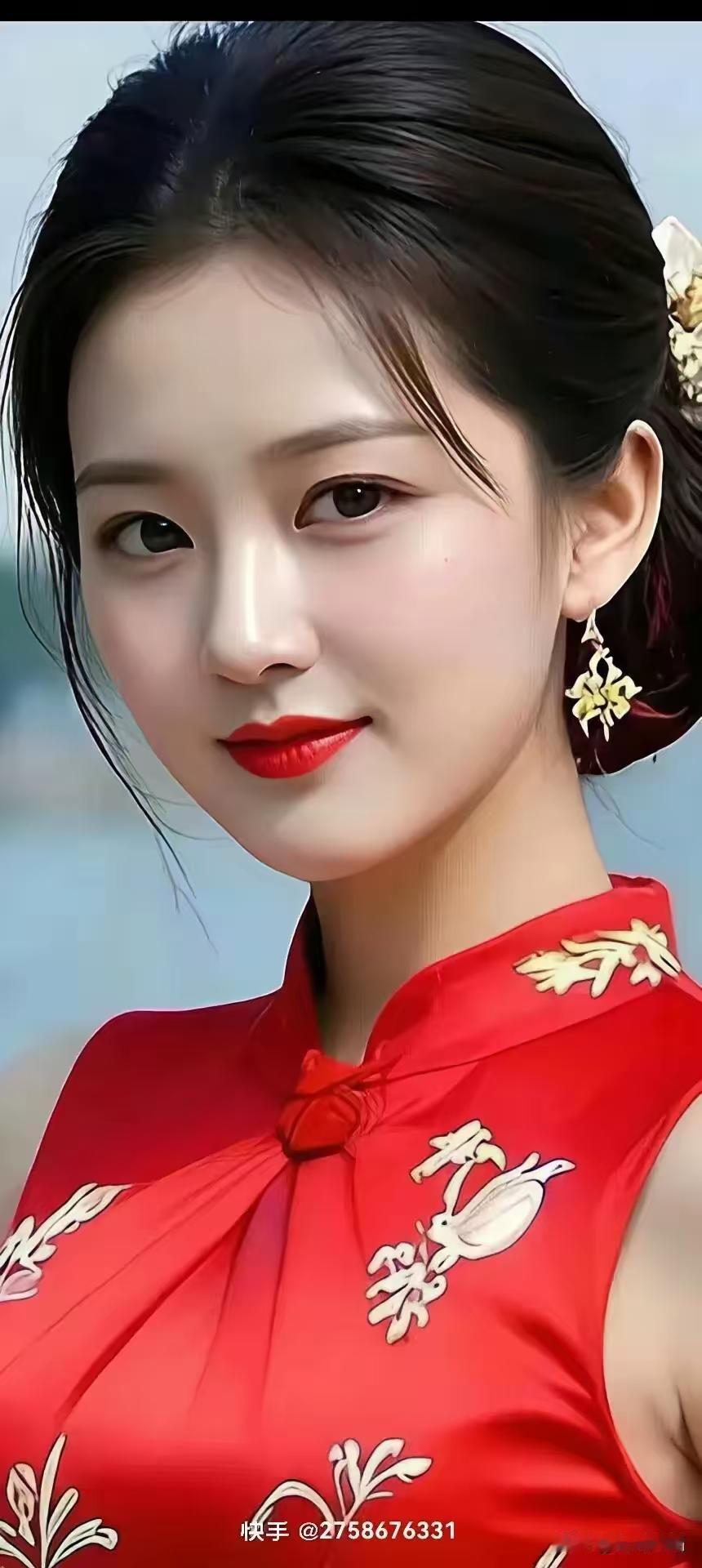 今天穿了件喜庆的旗袍在海边拍照！