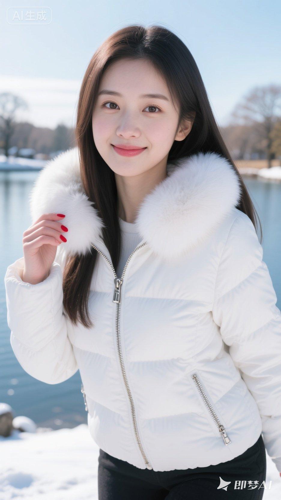 冬日暖阳下的甜美笑容，白色羽绒服与雪景相得益彰。🌞💕