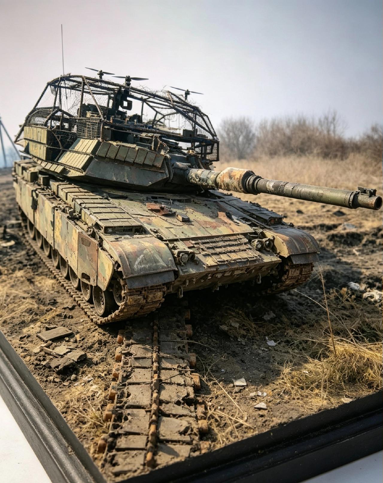 微缩1/35坦克场景模型地台、M1艾布拉姆斯主战坦克，以乌克兰战场为背景进行改装