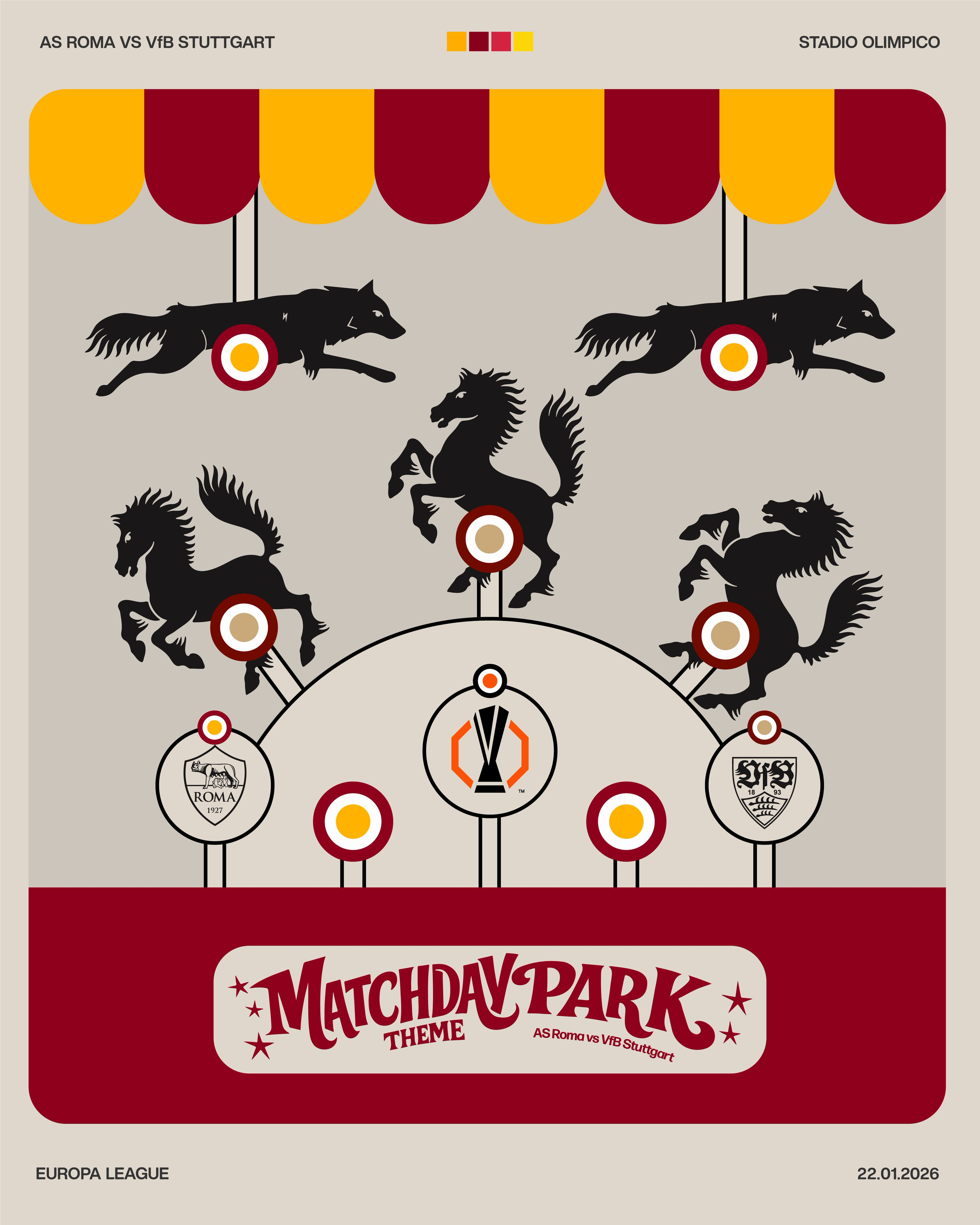 比赛日海报，游乐园旋转木马主题，狼vs马 