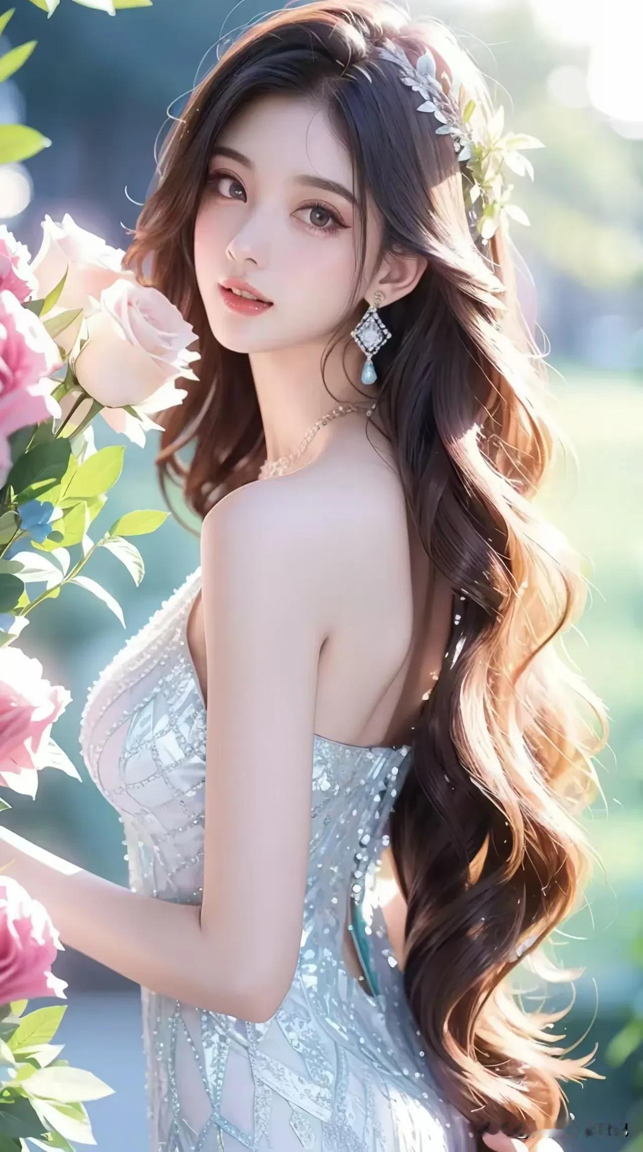 优雅蓝裙少女，玫瑰花园中的美丽瞬间🌹👗灵动女神美如画 美娇娘美图分享 绝美倩