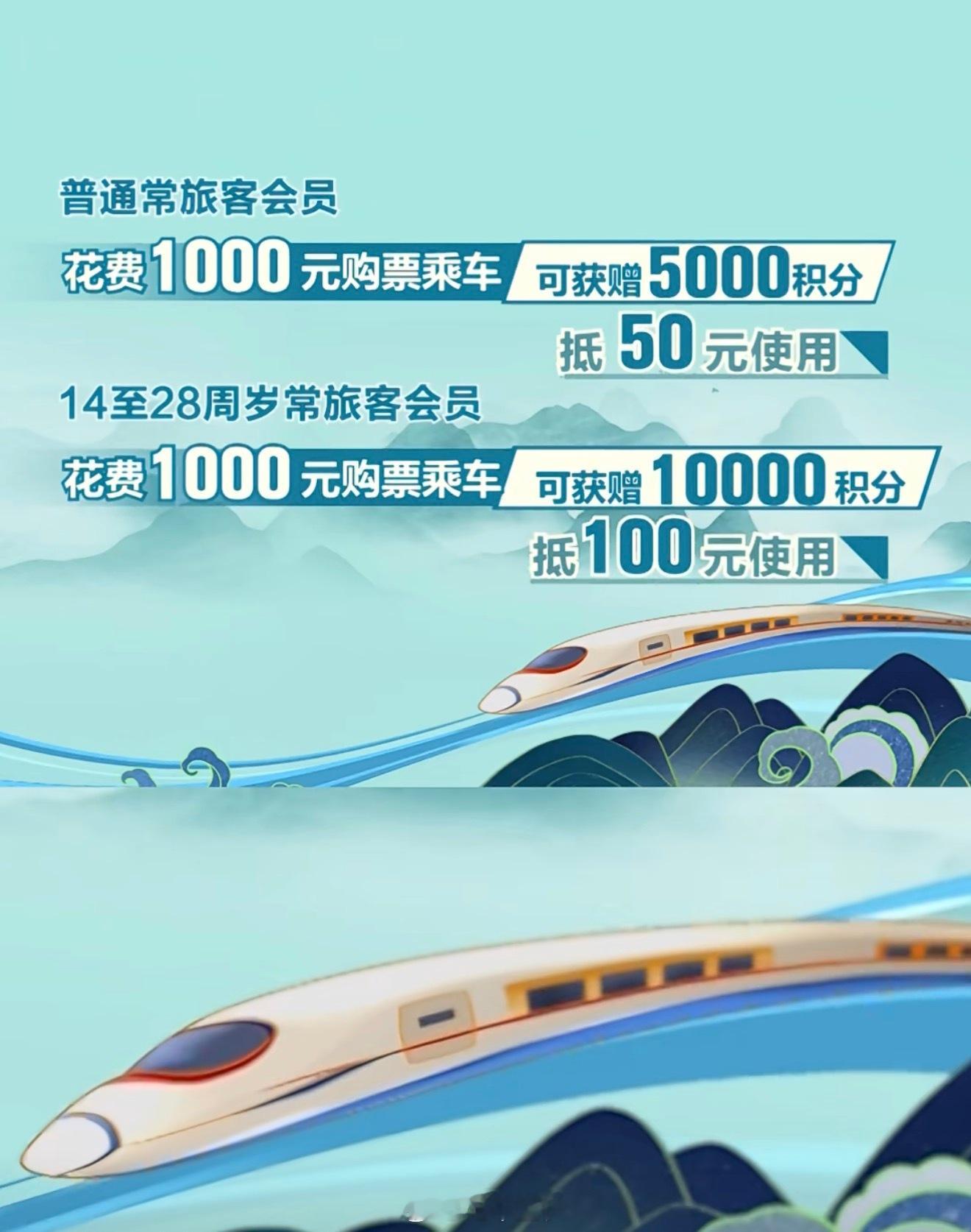 铁路常旅客会员升级：14至28周岁常旅客会员，购票乘车将获得票面金额10倍的积分