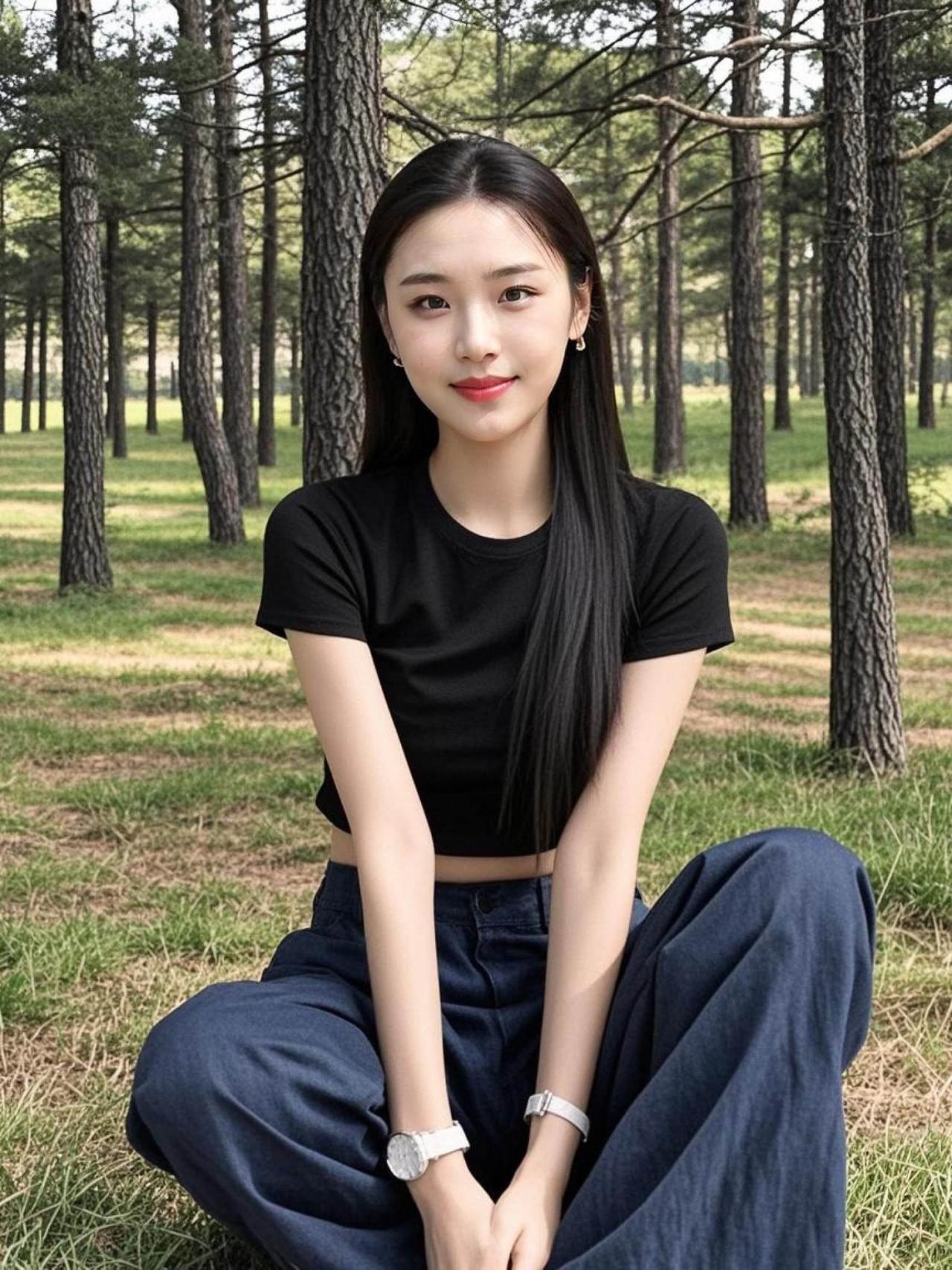 在这片静谧的松林中，阳光透过树叶洒下斑驳的光影，仿佛时间在这里放慢了脚步。坐在树