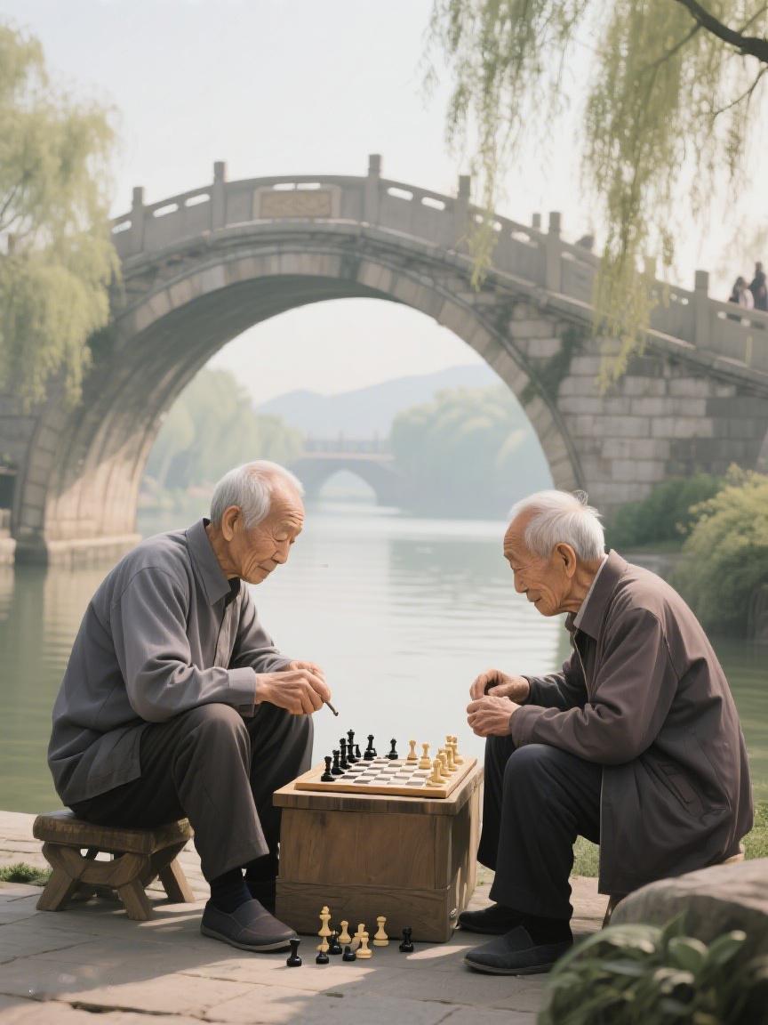 AI妙生图河畔石桥下，两位老者对弈，落子间，时光缓行，岁月藏于棋局之妙😌
