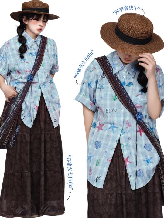 夏日悠悠🌊*海洋系衬衫x复古网纱半裙look~