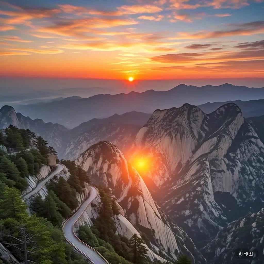 古华山，一条路蜿蜒而上，仿佛穿越了时空。夕阳洒满山谷，绿色云雾缭绕，宛如仙境。每