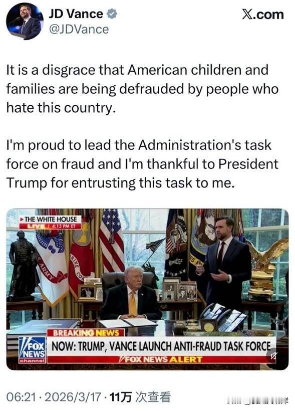 副总统万斯的新职责—领导反欺诈特别工作组。
“美国的儿童和家庭正被那些憎恨这个国