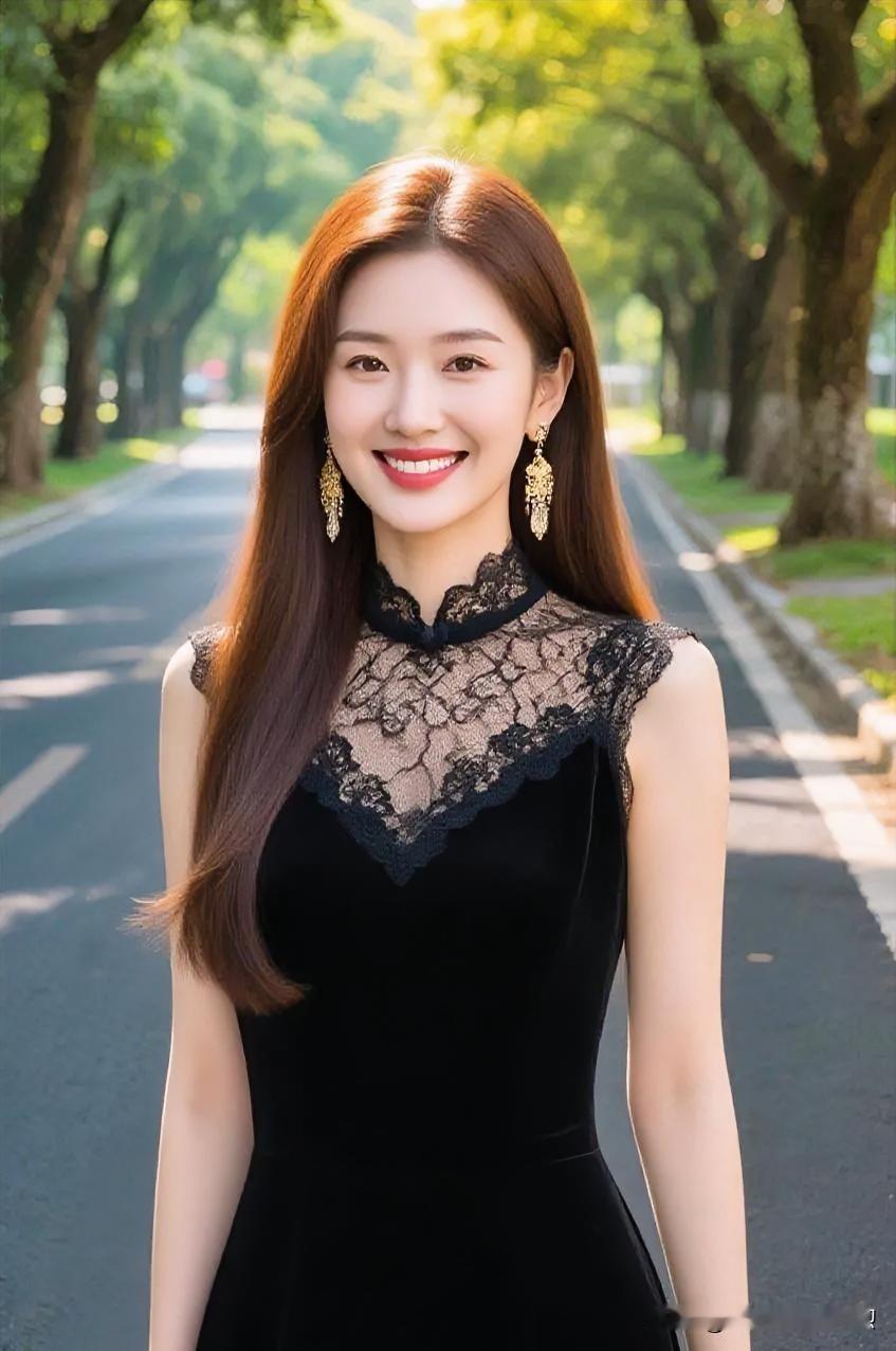 林荫道旁，黑蕾丝连衣裙勾勒优雅曲线，金饰摇曳，笑靥如花，尽显温婉知性之美。