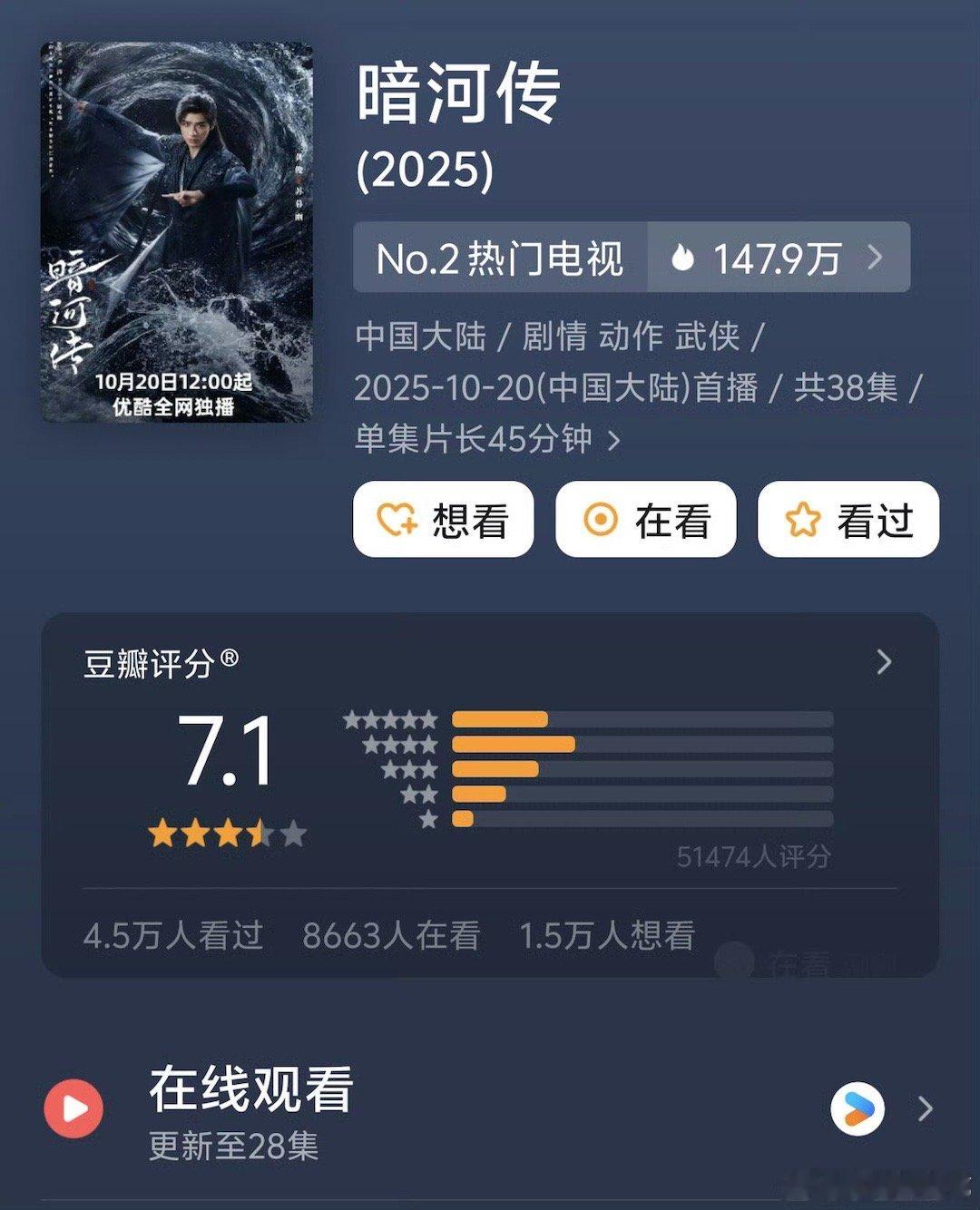 龚俊暗河传7.1分认真的吗？这剧就质量而言最起码也该8分以上，怎么说呢，暗河传这