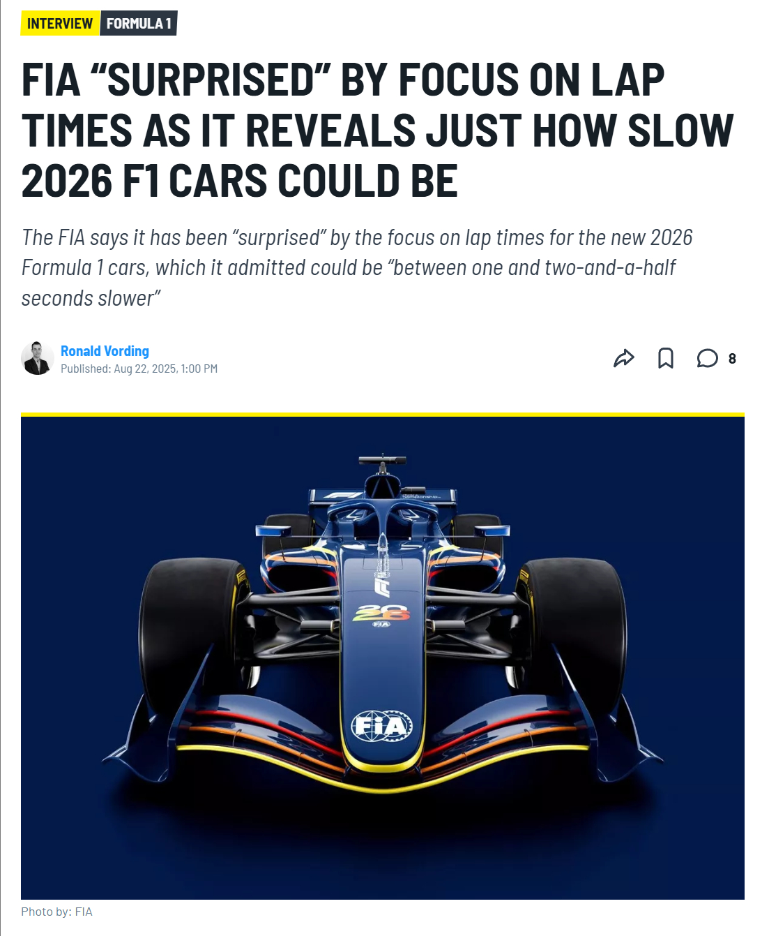 2026赛季F1技术规则大改后的新车将比现款赛车的圈速慢1-2.5秒。由于下压力