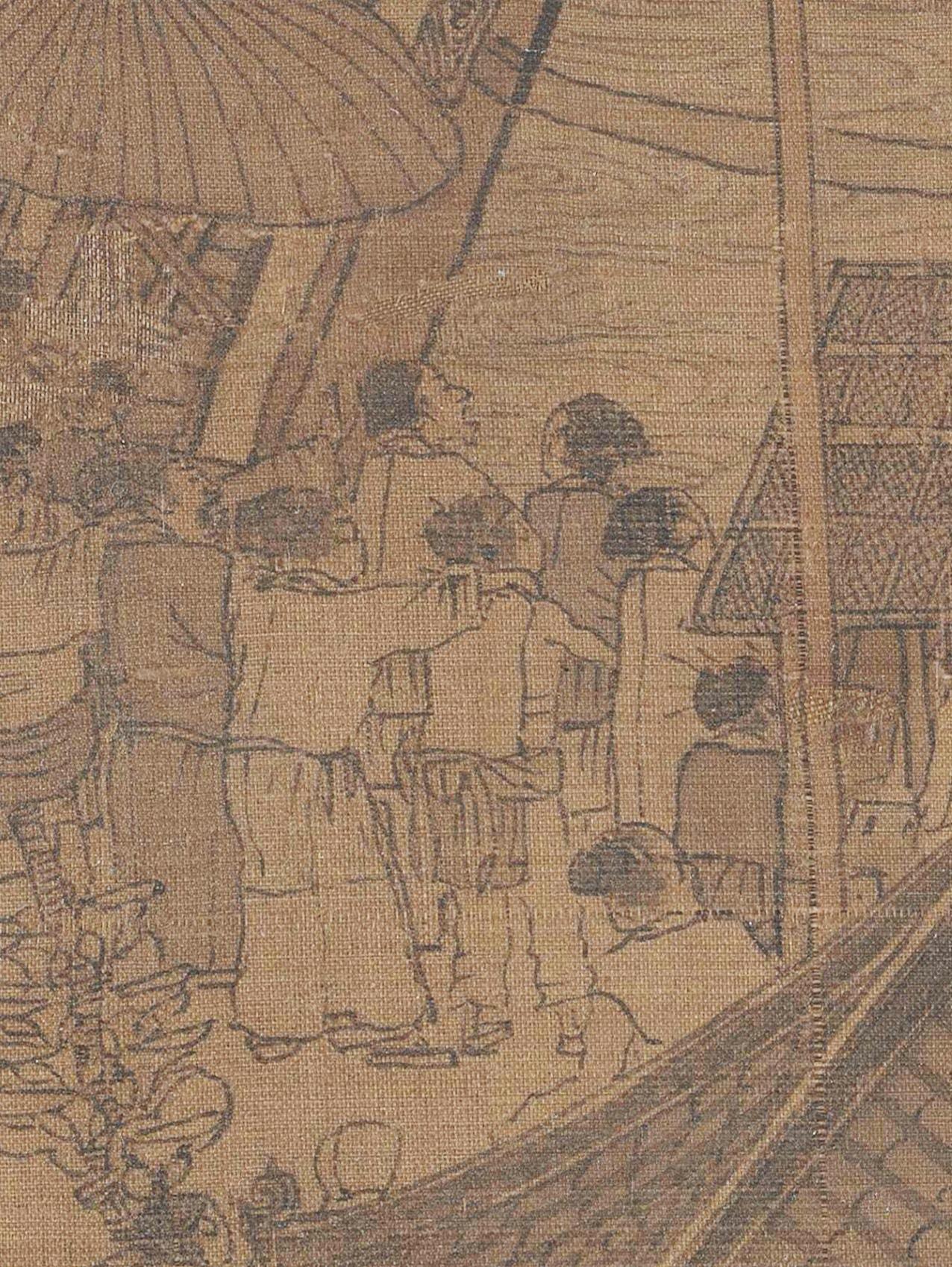 张择端《清明上河图》中虹桥处于画面的中心位置，1997年在香港展出时由于打了背光