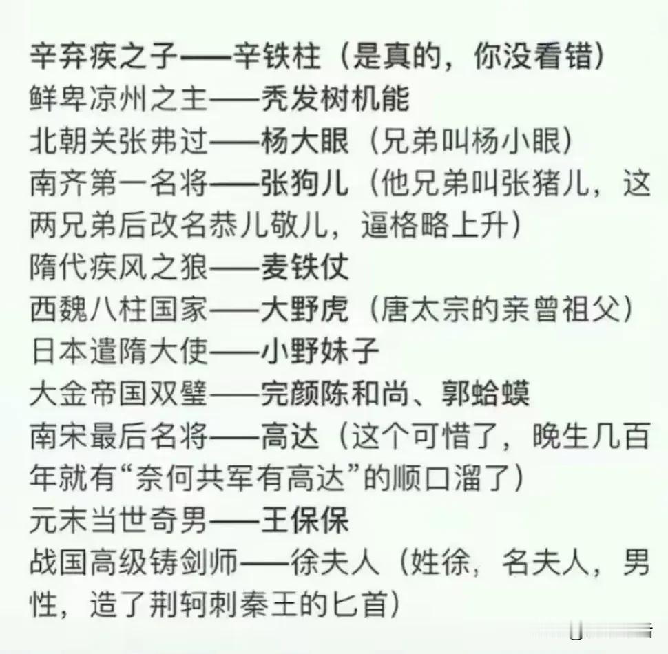 历史上名字奇葩的名人

辛弃疾的儿子，辛铁柱。
鲜卑首领，秃发树机能。
北朝名将