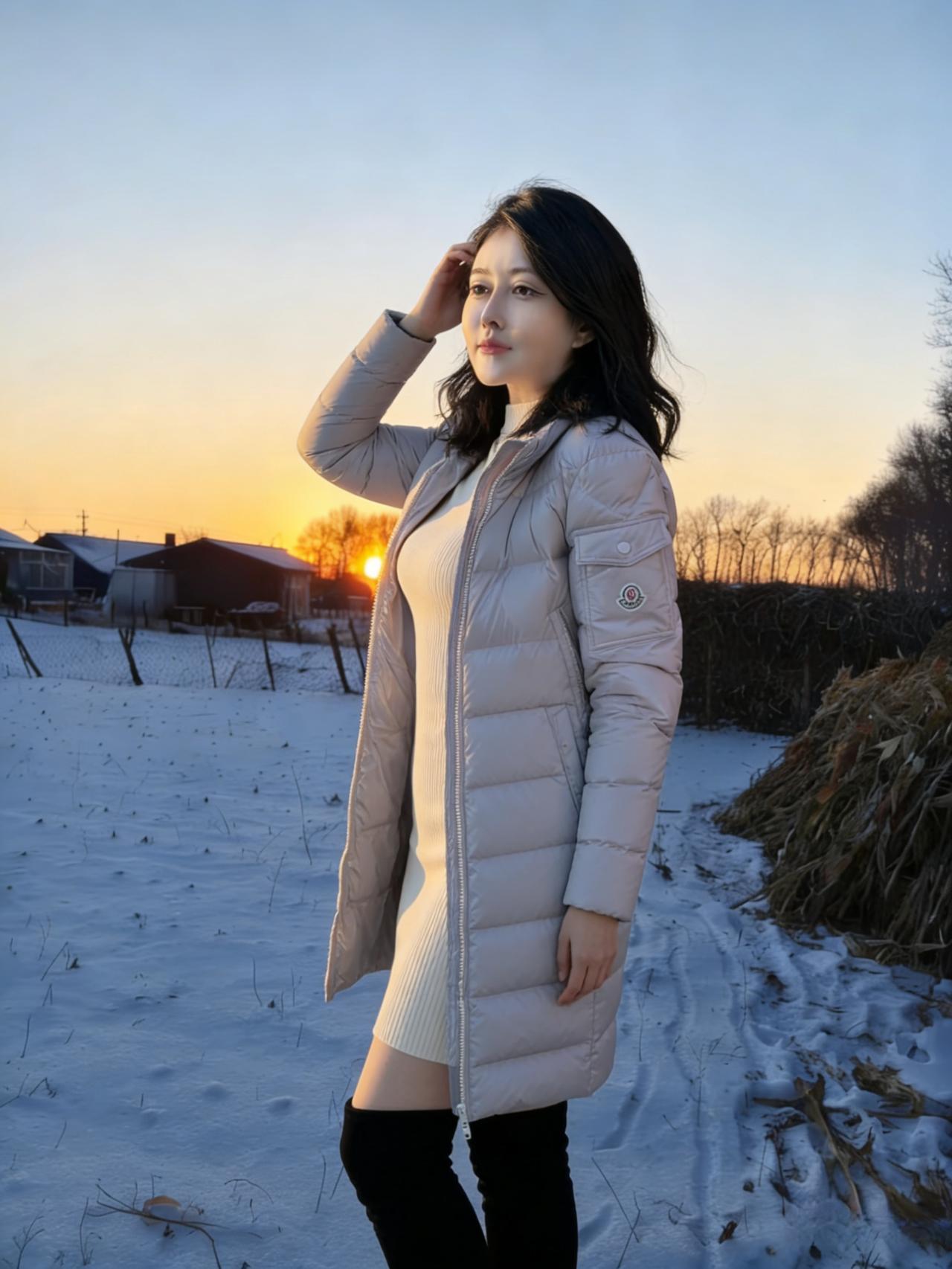 冻土锁住了秋的余温
雪粒在空气里，跳着细碎的冷舞
她的目光越过矮墙，越过枯树的枝