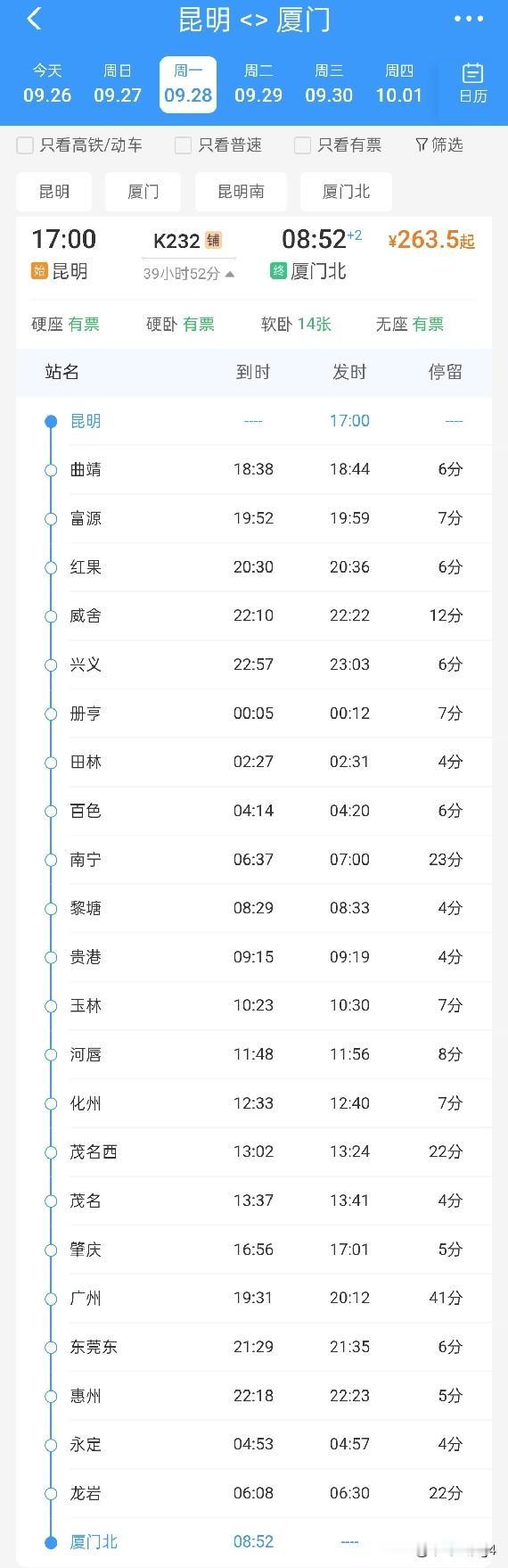 9月底，同时连接昆明、南宁、广州、厦门的唯一一趟K字头列车恢复通行

昆明至厦门