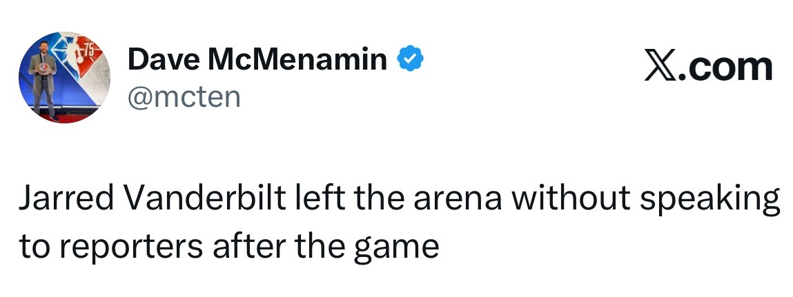 范德比尔特赛后没有接受采访，直接离开了球馆。 