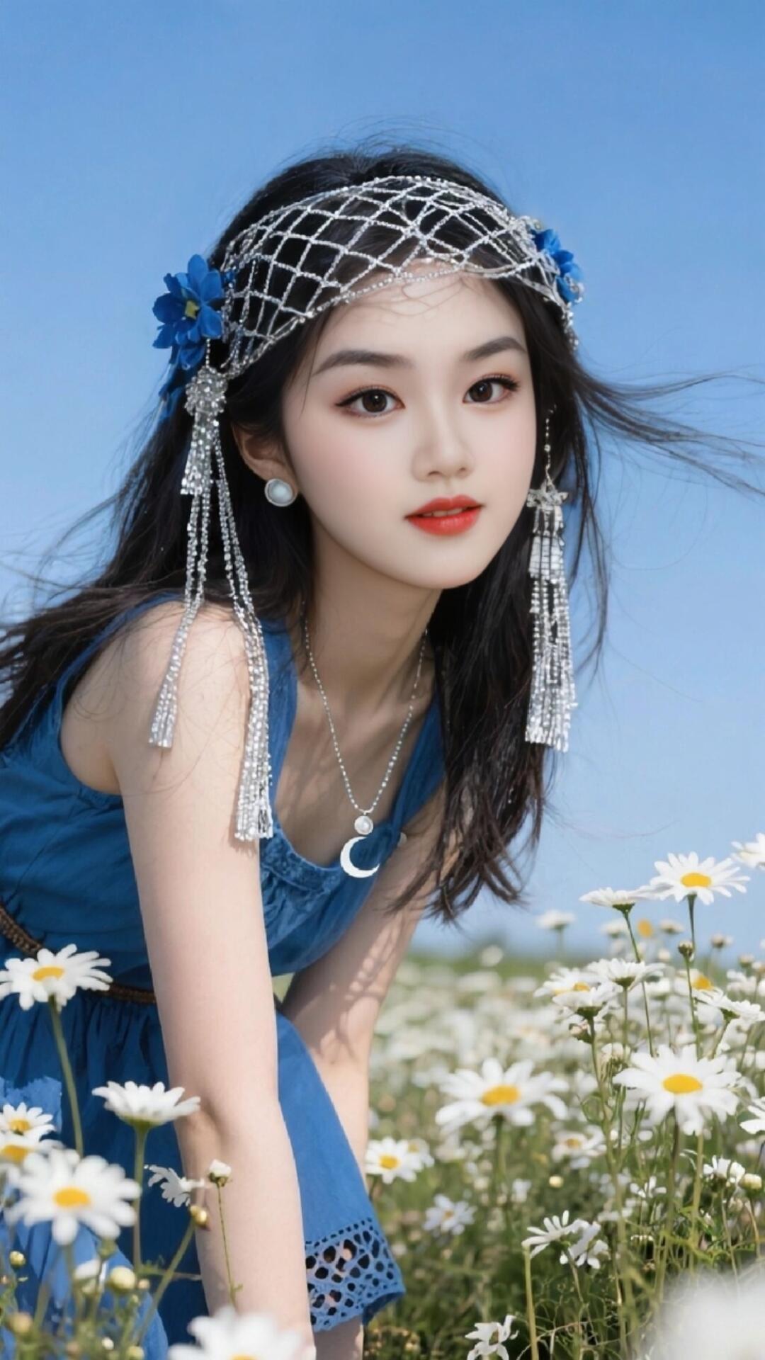 梦幻蓝裙少女，花海中轻舞飞扬