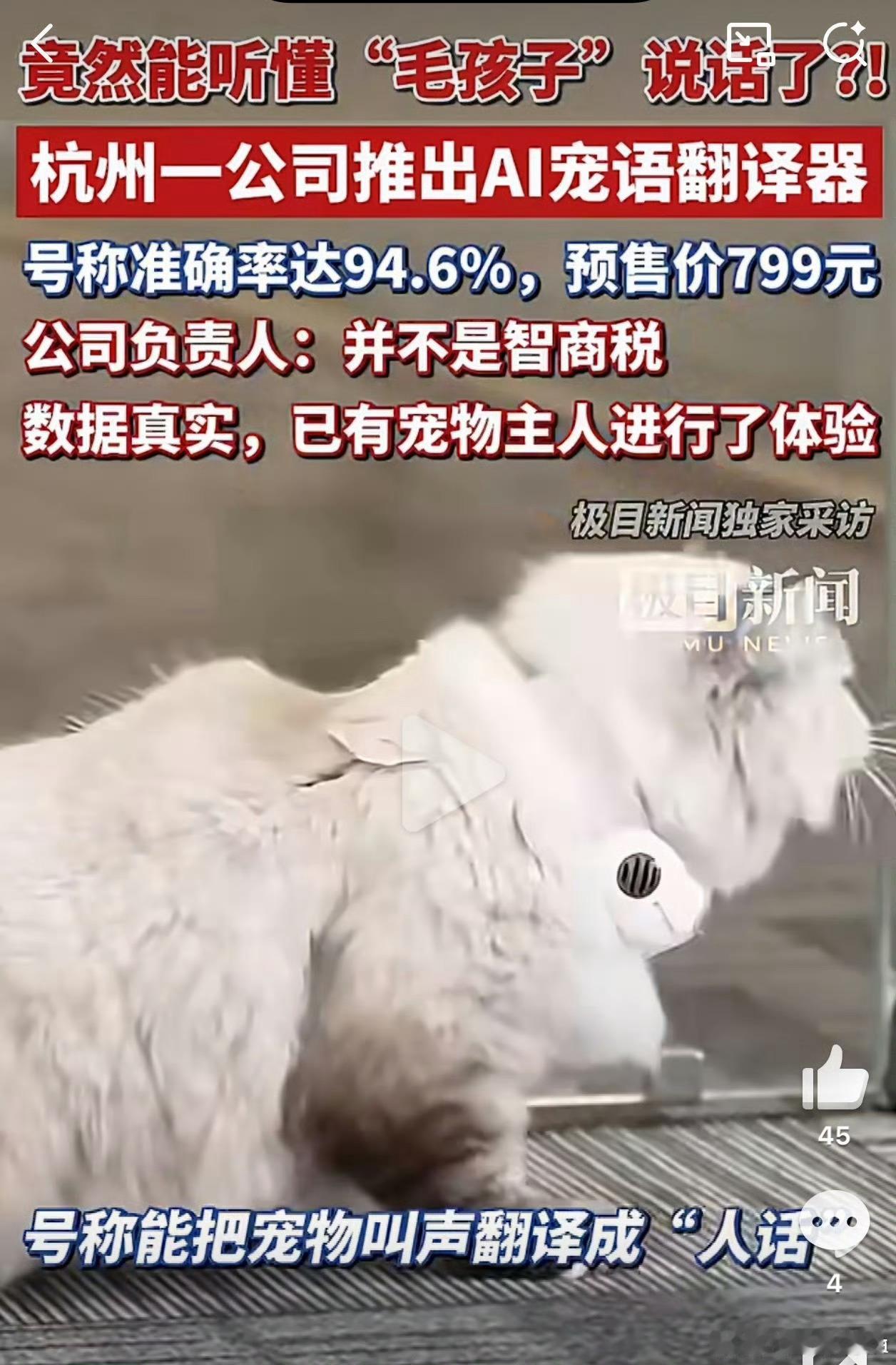 杭州一公司推799元宠物翻译器引质疑厂商回应799元宠语翻译器是智商税AI识别宠
