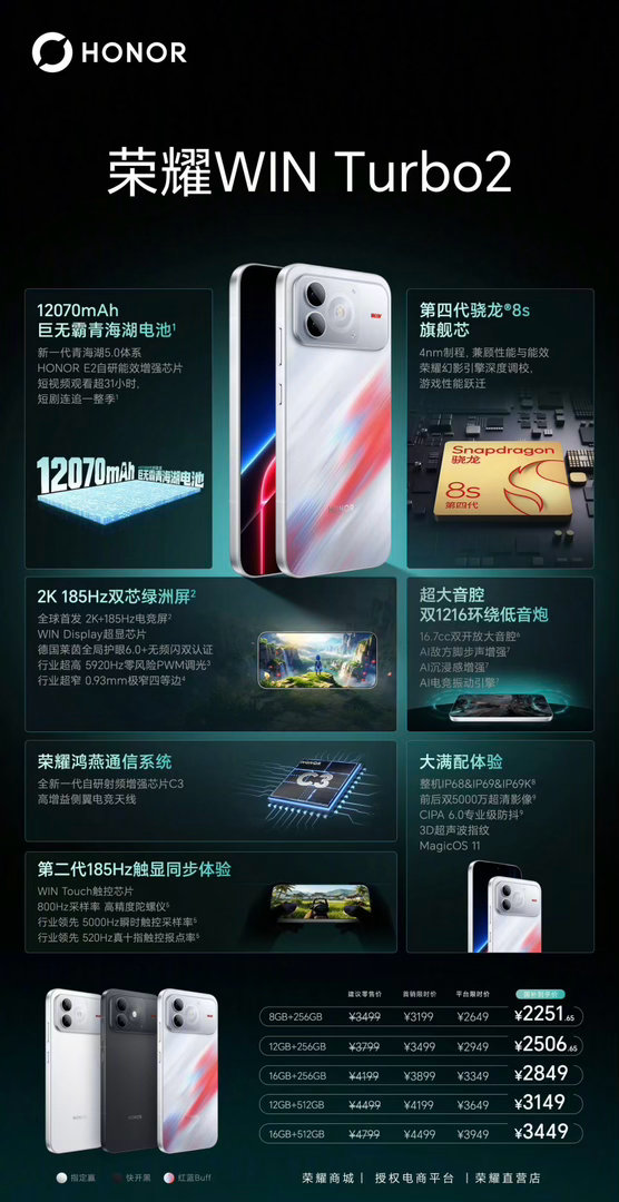 荣耀Win 2系列正式发布，全系标配6.89英寸2K 185Hz维信诺LTPS直