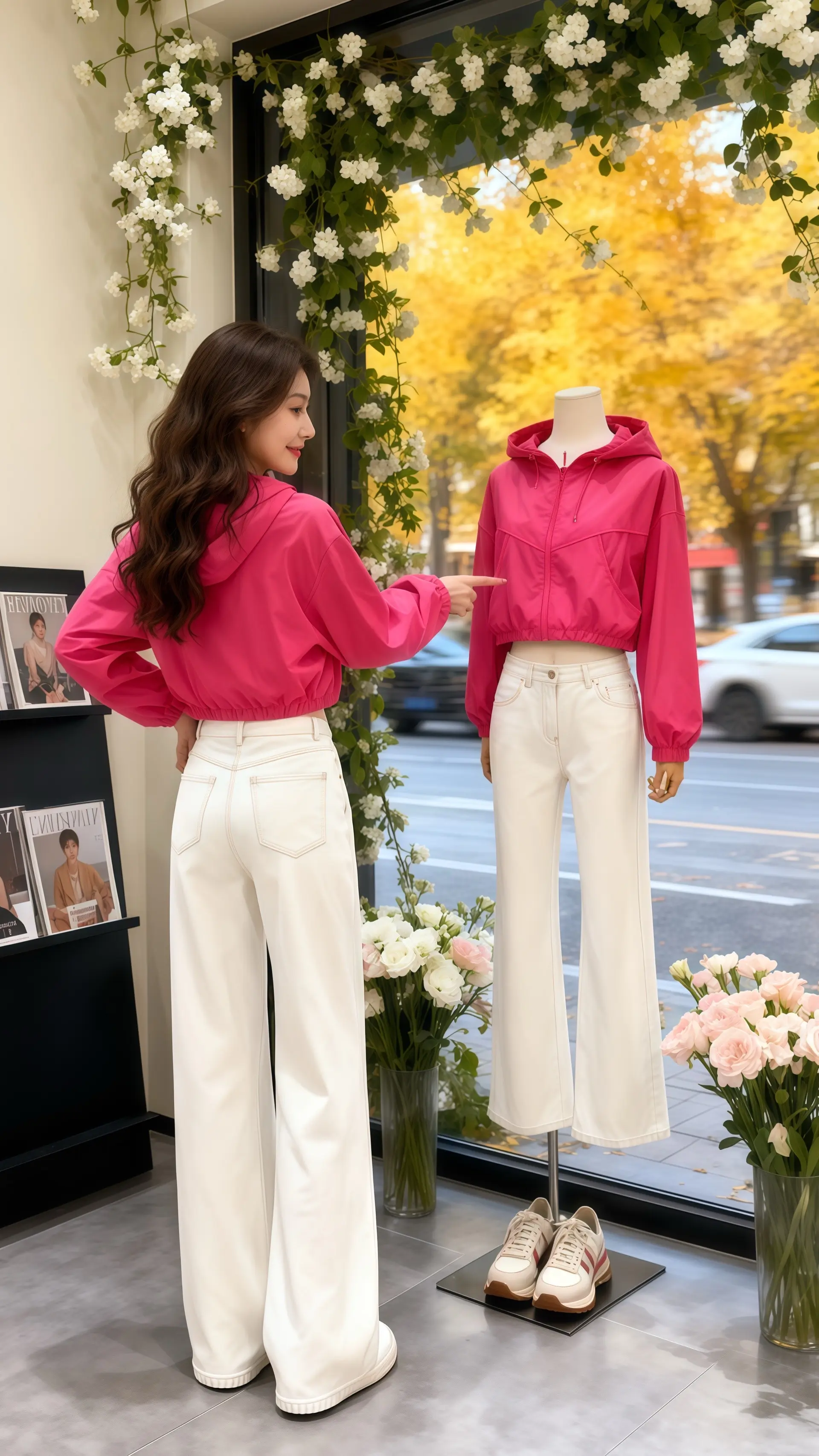 她穿着时尚短款冲锋衣外套，在高级感女装店内勾勒出利落身影。简约廓形衬得...