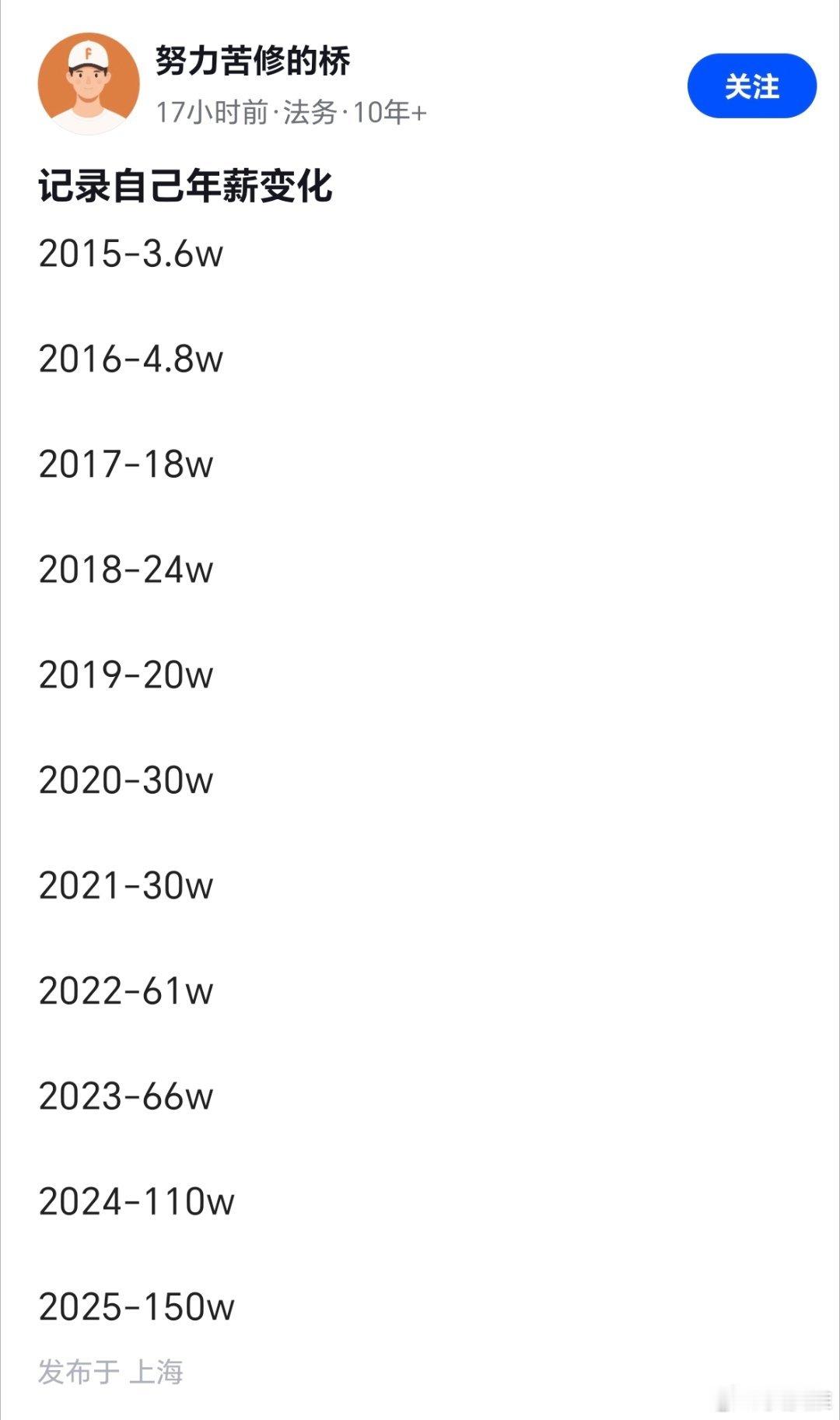 今天看到一位网友发的“记录自己的年薪变化”，他罗列了自己从2015年年收入3.6