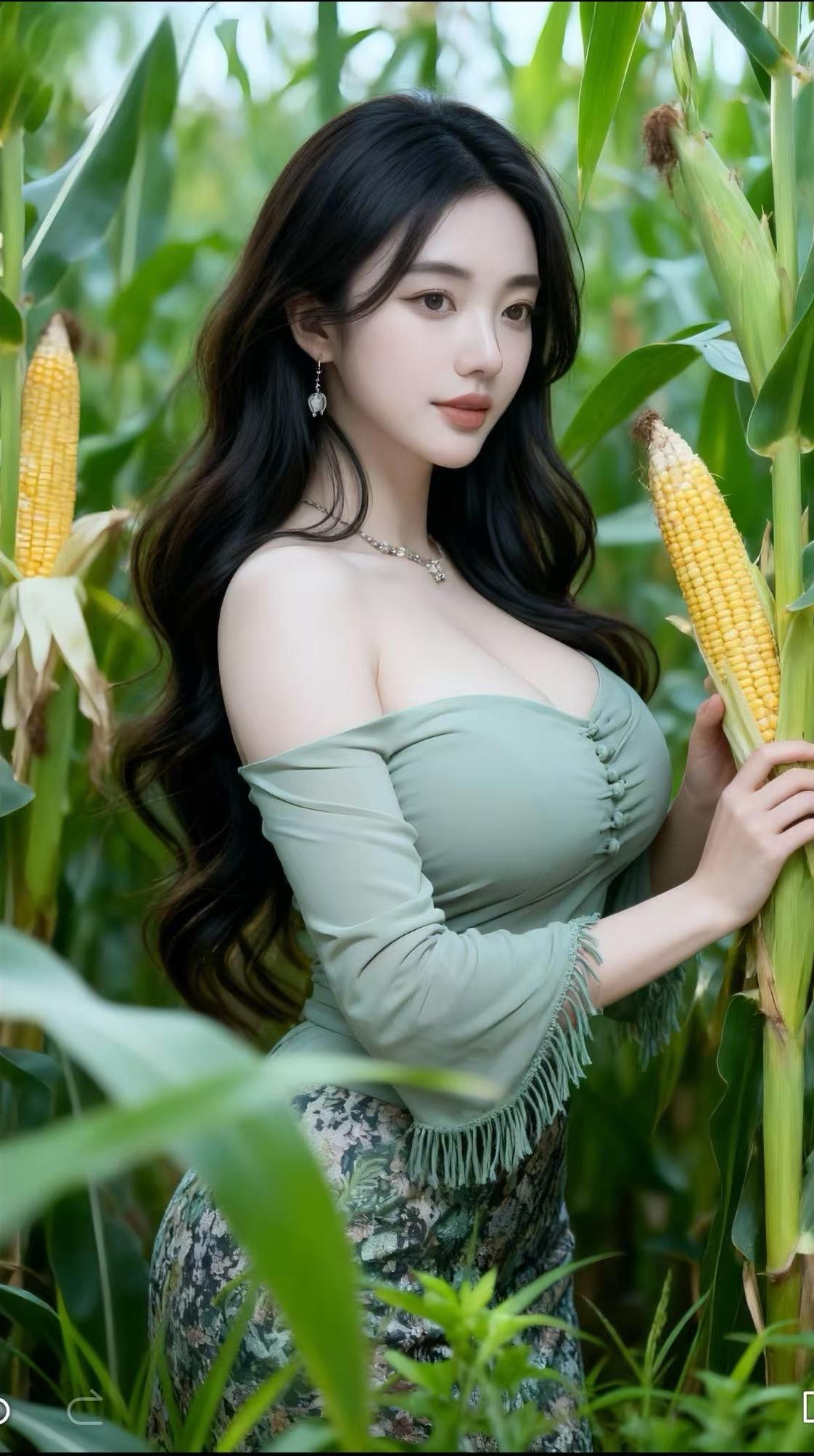 玉米地里的优雅倩影

在一片郁郁葱葱的玉米地中，她宛如一朵盛开的鲜花。一袭露肩绿
