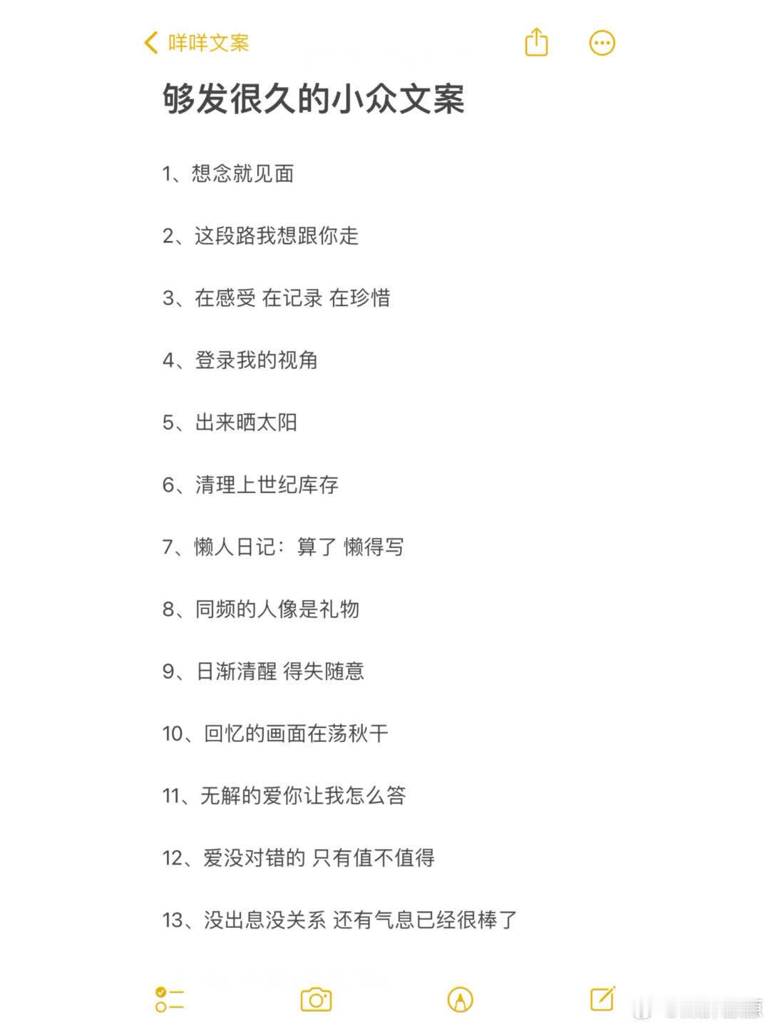 够发很久的小众文案  1、想念就见面 2、这段路我想跟你走 3、在感受 在记录 