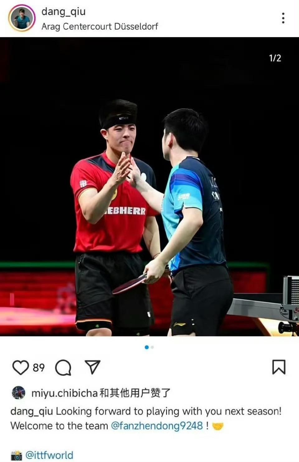 邱党欢迎樊振东加盟杜塞尔多夫，期待与樊振东一起打球