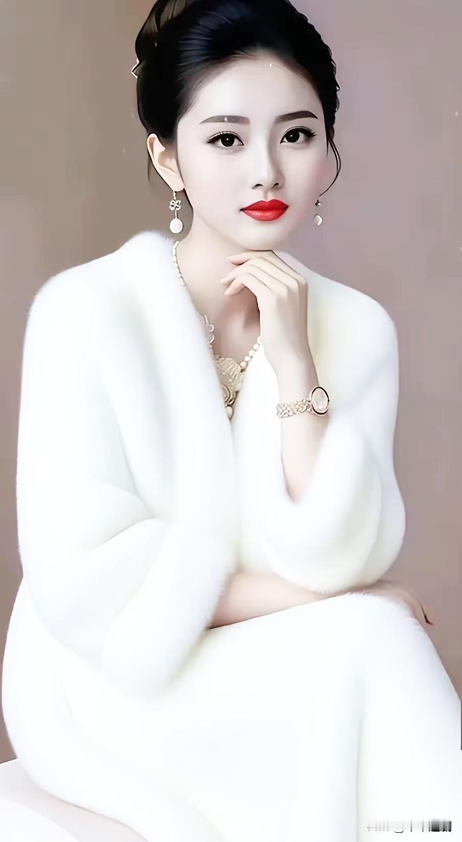 优雅白衣美人，红唇轻启，韵味十足