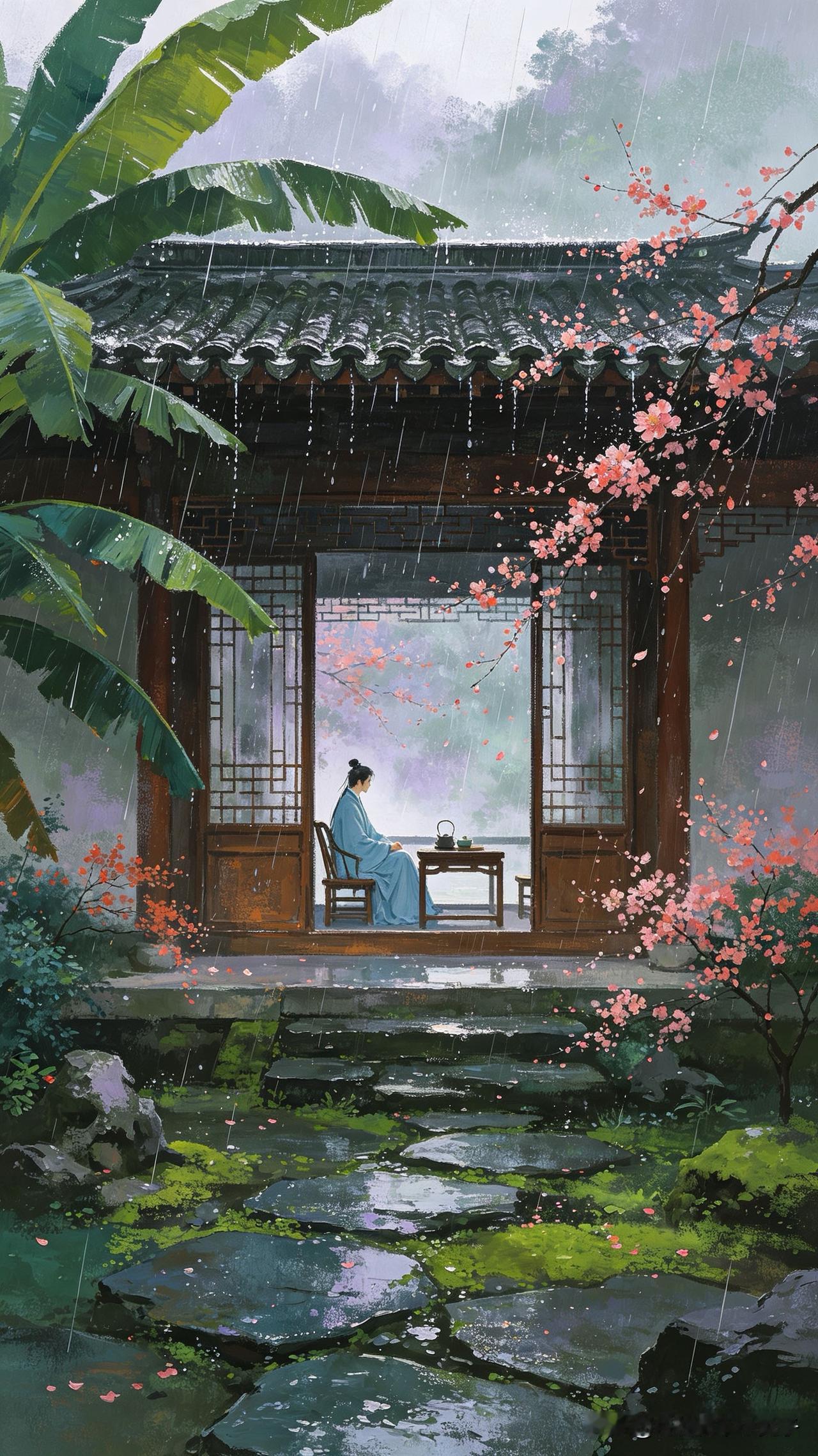 独坐闲庭数落英，
潇潇细雨湿檐楹。
不闻车马喧嚣事，
    
…………请师友续