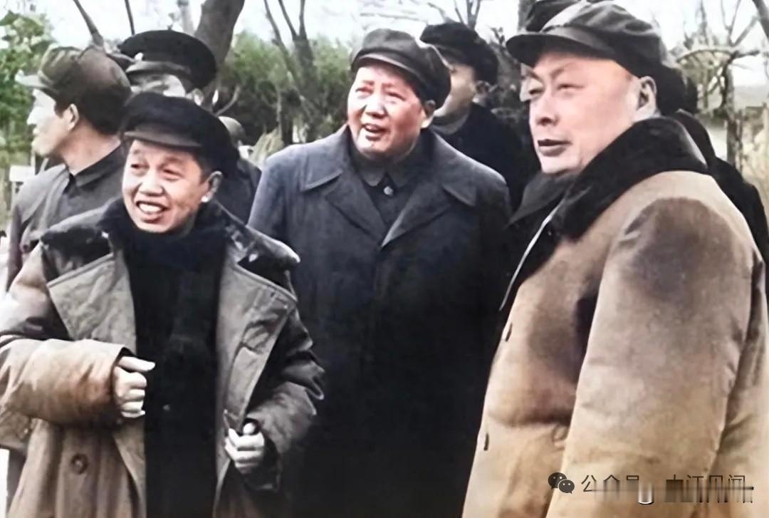 画面从左至右依次为谭震林、毛泽东、陈毅。这张上色历史照片记录了建国初期户外同行交