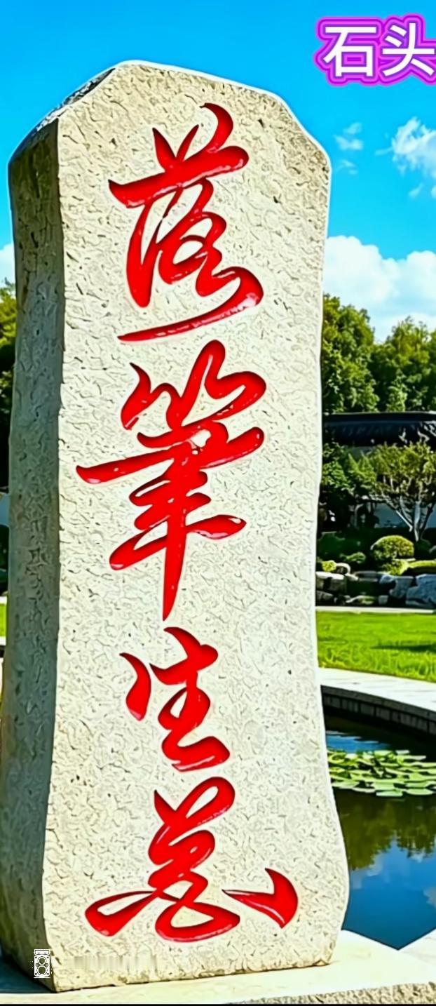公园里的石碑上写着四个红色的大字，非常漂亮。文笔爱好者读出来听一下。