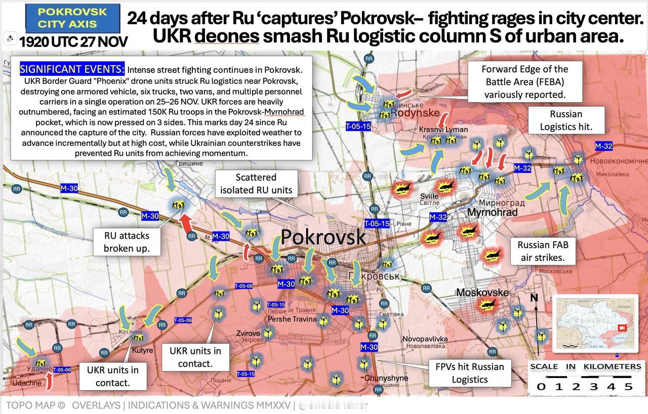 波克罗夫斯克：俄罗斯再次声称完全控制了这座城市。UKR报告~50%仍处于控制之下