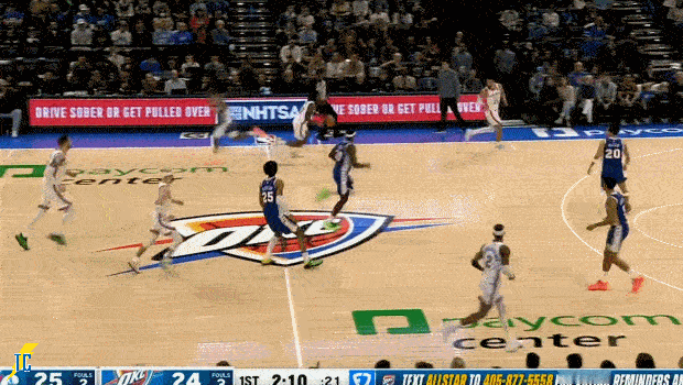 米切尔复出后的首次出手就命中转换三分！76人vs雷霆雷霆