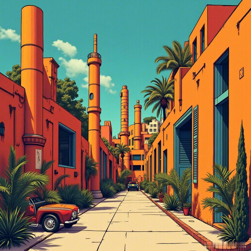 建筑如梦，色彩缤纷，几何之美在怀旧中绽放。每一笔线条，都是时光的低语。✨🏛️ 