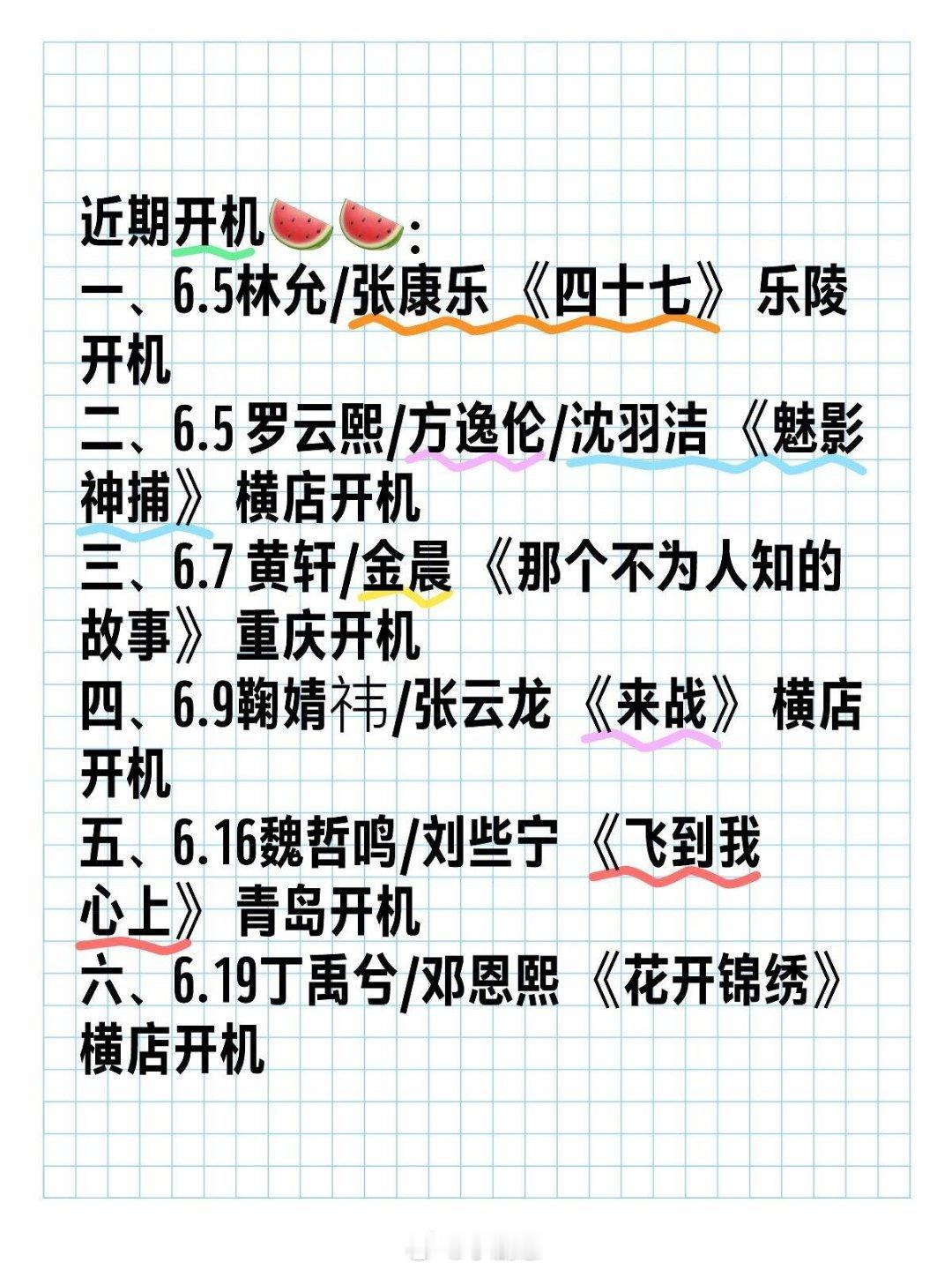 近期开机🍉🍉：一、6.5林允/张康乐《四十七》乐陵开机二、6.5 罗云熙/方