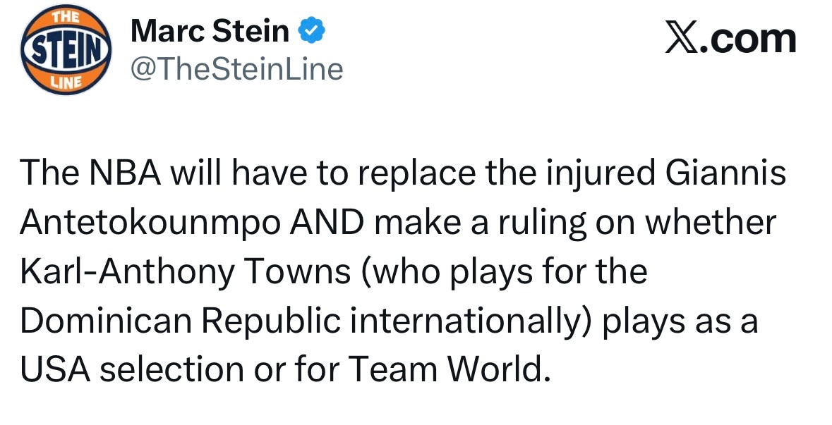 NBA需为受伤的字母哥增补全明星替代人选，同时还需裁定效力于多米尼加国家队的唐斯