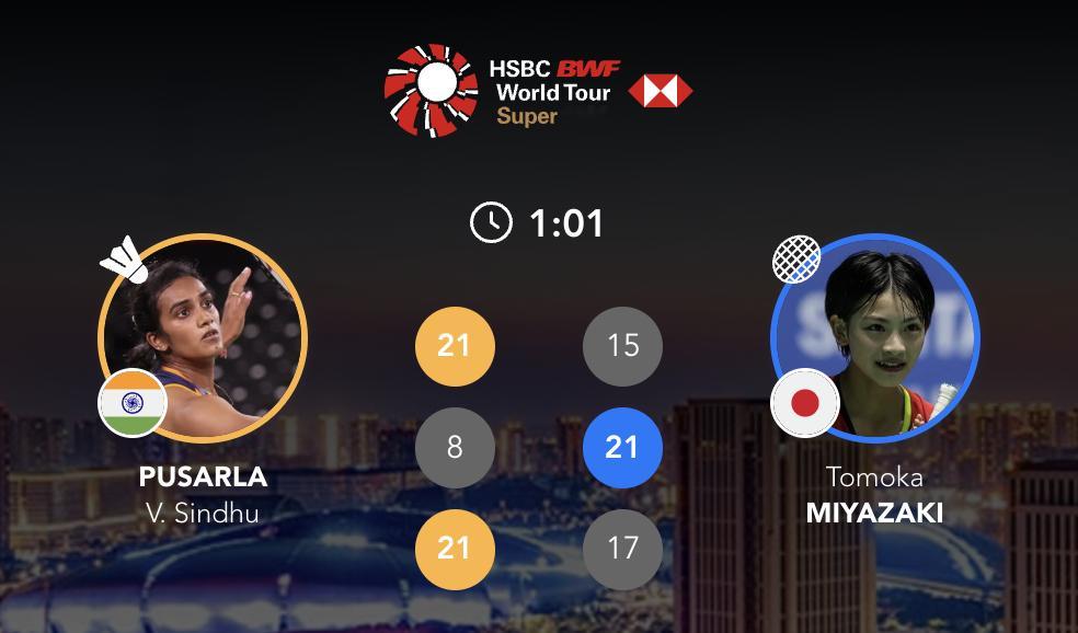 辛杜🇮🇳 21-15、8-21、21-17 🇯🇵宫崎友花 ​​​