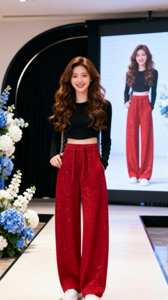 直筒显瘦秀场同款长裤 穿搭 微喇裤 红色阔腿裤搭配 时尚穿搭分享