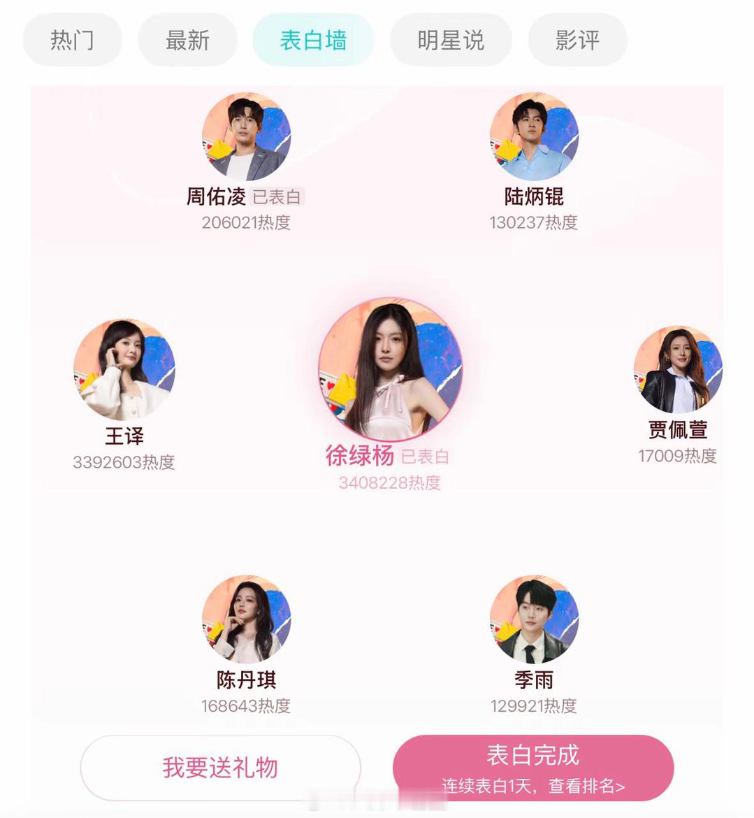 半熟恋人5里的CP表白榜投票，柳柳周佑凌VS塔塔bk，两对CP票数断层领先其他人